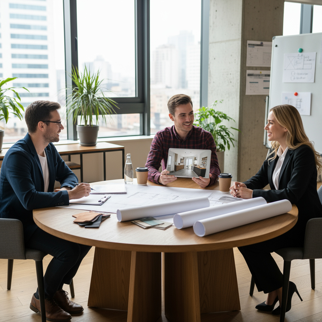 Equipo de reformas revisando documentos con cliente